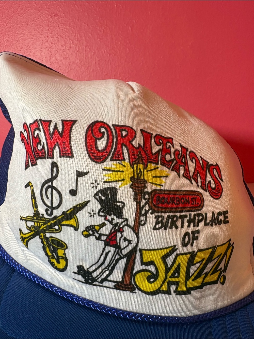 J Hats VINTAGE New Orleans Birthplace of Jazz Trucker Hat GUC White Blue Bourbon - Picture 3 of 8